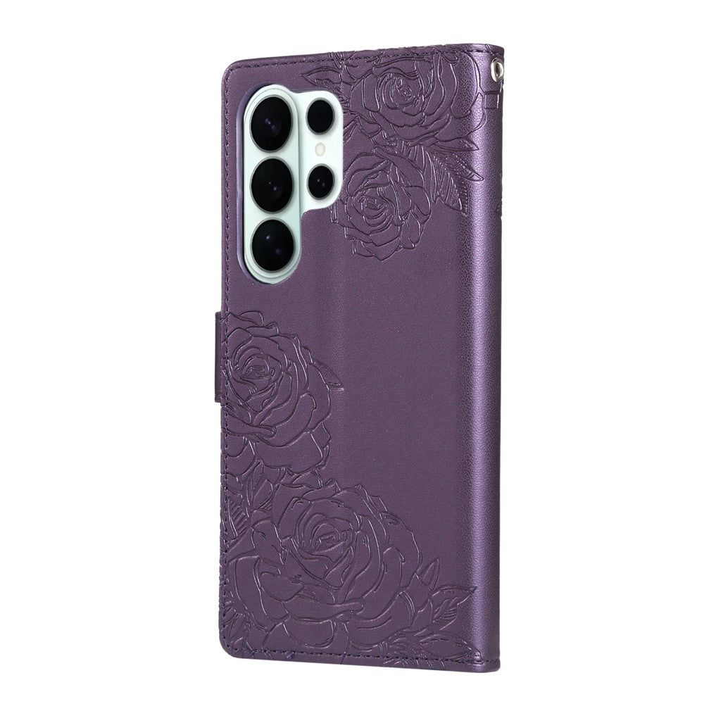 For Samsung Galaxy S26 Ultra Leather Case Rose Flower Wallet Phone Cover with 3 Card Slots  /  Wrist Strap