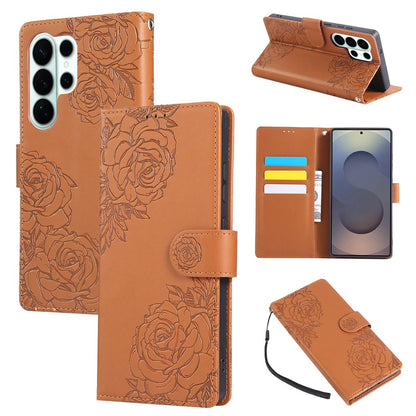 For Samsung Galaxy S26 Ultra Leather Case Rose Flower Wallet Phone Cover with 3 Card Slots  /  Wrist Strap