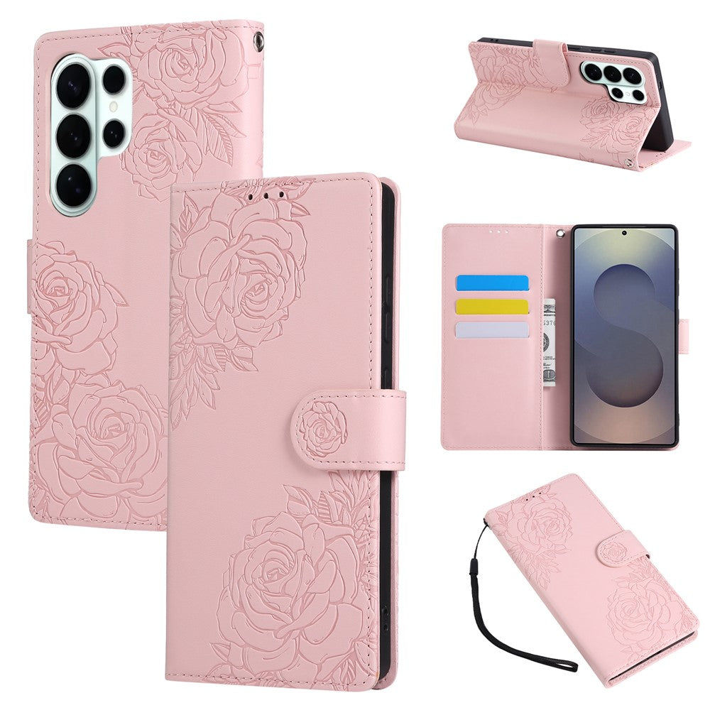 For Samsung Galaxy S26 Ultra Leather Case Rose Flower Wallet Phone Cover with 3 Card Slots  /  Wrist Strap