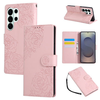 For Samsung Galaxy S26 Ultra Leather Case Rose Flower Wallet Phone Cover with 3 Card Slots  /  Wrist Strap