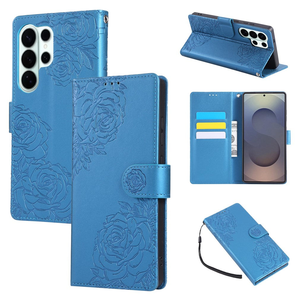 For Samsung Galaxy S26 Ultra Leather Case Rose Flower Wallet Phone Cover with 3 Card Slots  /  Wrist Strap
