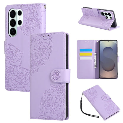 For Samsung Galaxy S26 Ultra Leather Case Rose Flower Wallet Phone Cover with 3 Card Slots  /  Wrist Strap