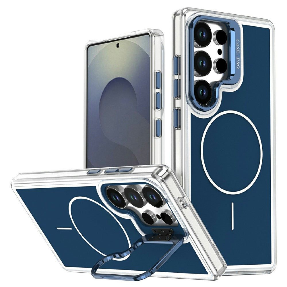 For Samsung Galaxy S25 Ultra Magnetic Case Matching Color Lens Kickstand TPU PC Phone Cover