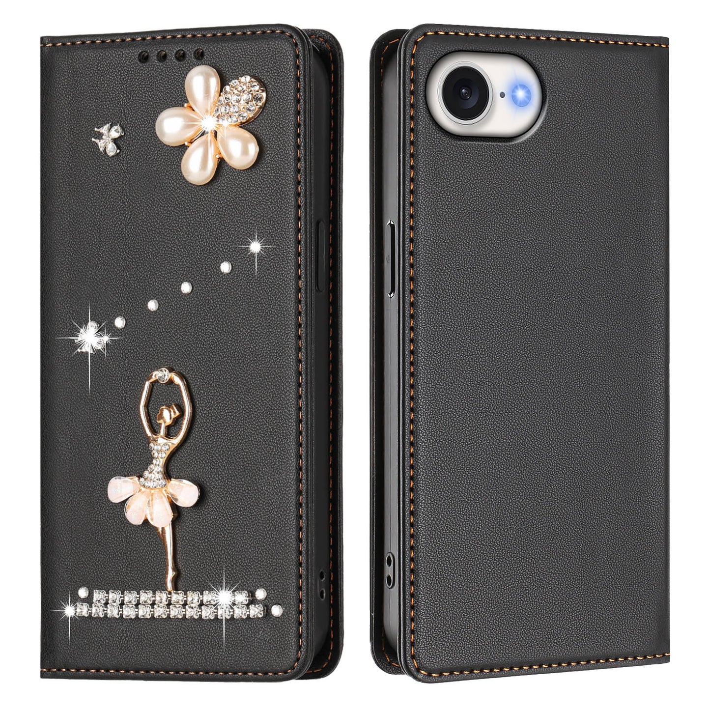 For iPhone 17e / 16e Leather Case RFID Blocking Wallet Stand Rhinestones Ballet Dancer Flip Phone Cover