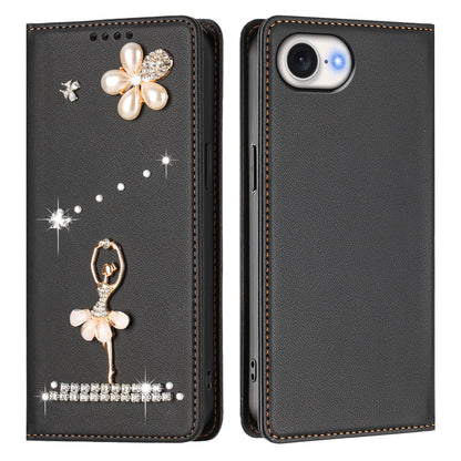 For iPhone 17e / 16e Leather Case RFID Blocking Wallet Stand Rhinestones Ballet Dancer Flip Phone Cover