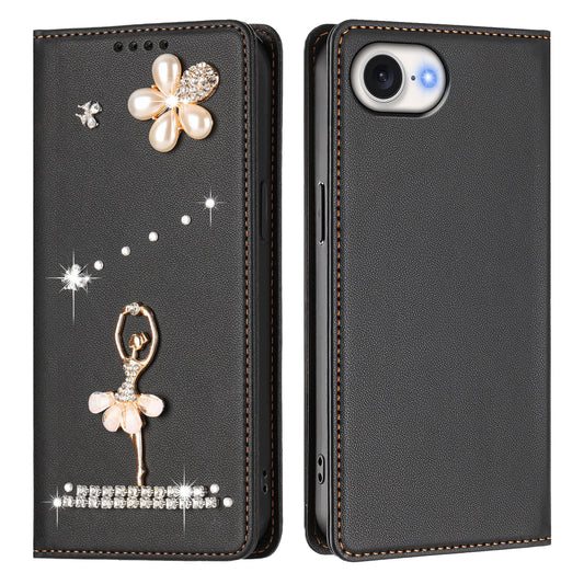 For iPhone 17e / 16e Leather Case RFID Blocking Wallet Stand Rhinestones Ballet Dancer Flip Phone Cover
