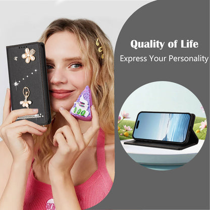 For iPhone 17e / 16e Leather Case RFID Blocking Wallet Stand Rhinestones Ballet Dancer Flip Phone Cover