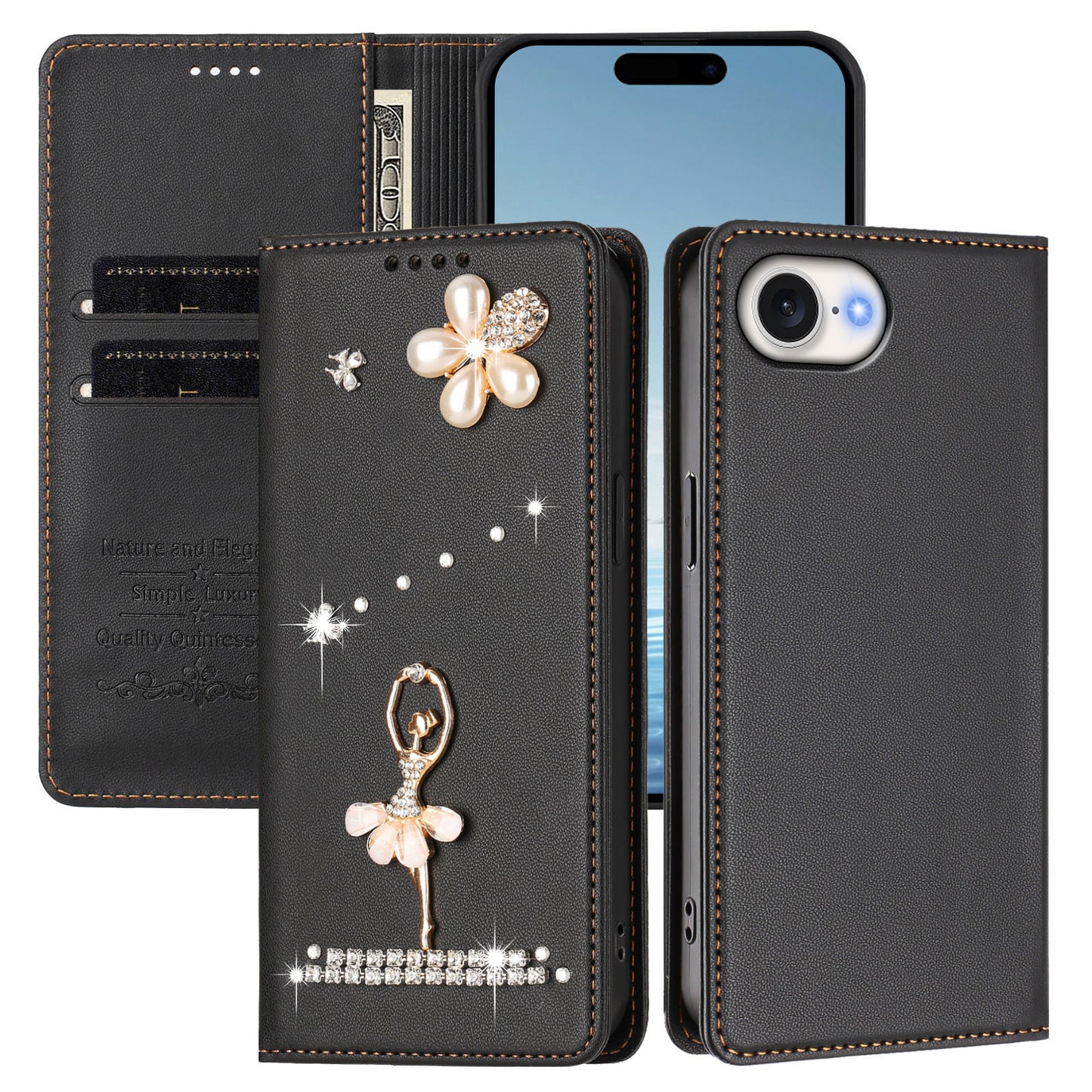 For iPhone 17e / 16e Leather Case RFID Blocking Wallet Stand Rhinestones Ballet Dancer Flip Phone Cover