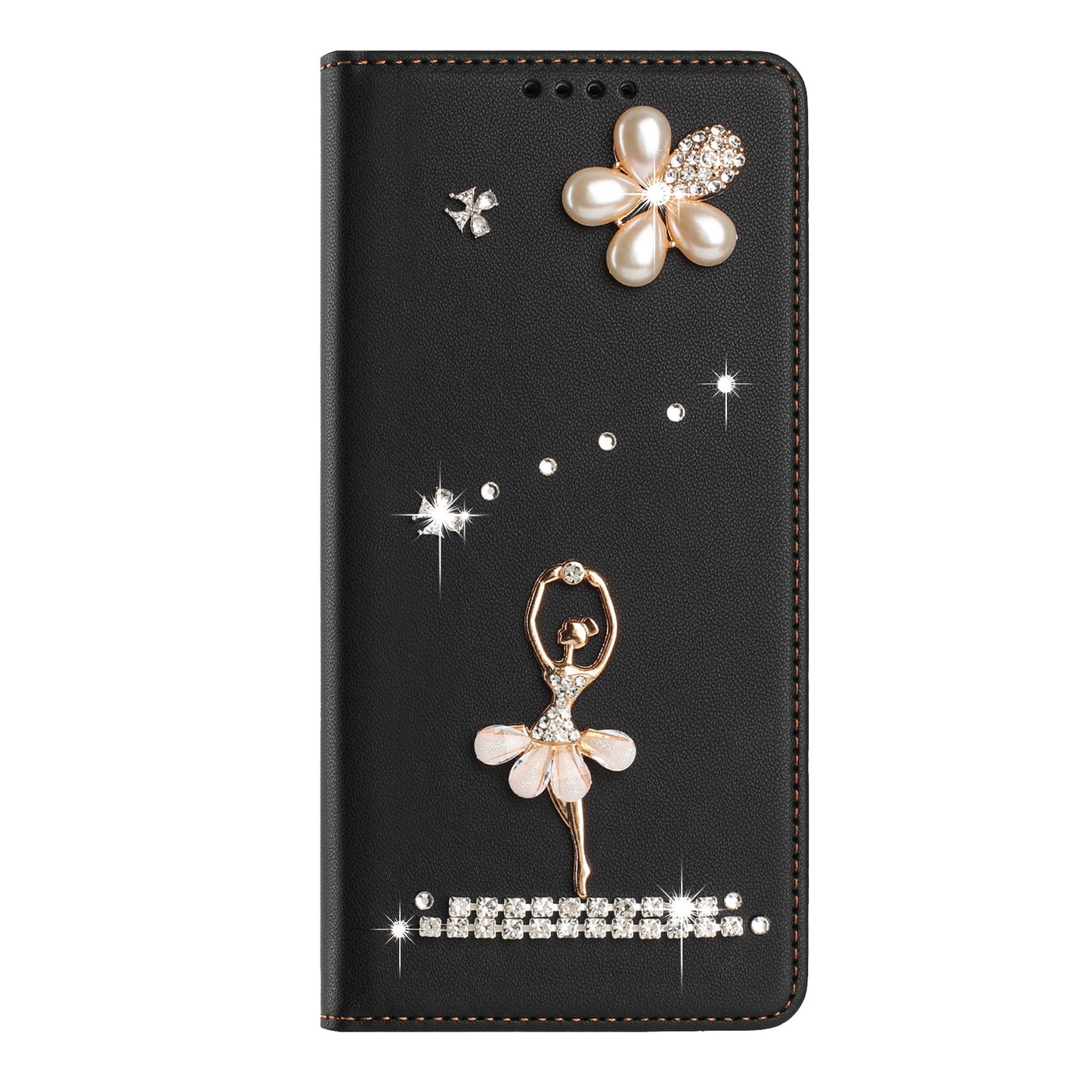For iPhone 17e / 16e Leather Case RFID Blocking Wallet Stand Rhinestones Ballet Dancer Flip Phone Cover