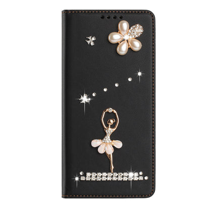 For iPhone 17e / 16e Leather Case RFID Blocking Wallet Stand Rhinestones Ballet Dancer Flip Phone Cover