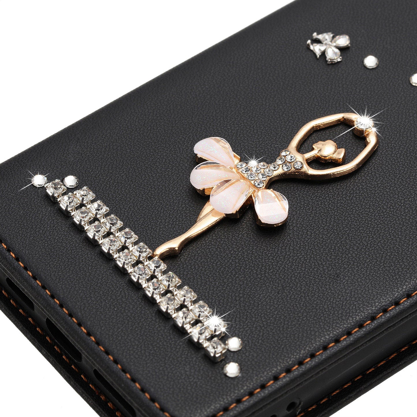 For iPhone 17e / 16e Leather Case RFID Blocking Wallet Stand Rhinestones Ballet Dancer Flip Phone Cover