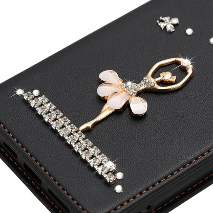For iPhone 17e / 16e Leather Case RFID Blocking Wallet Stand Rhinestones Ballet Dancer Flip Phone Cover