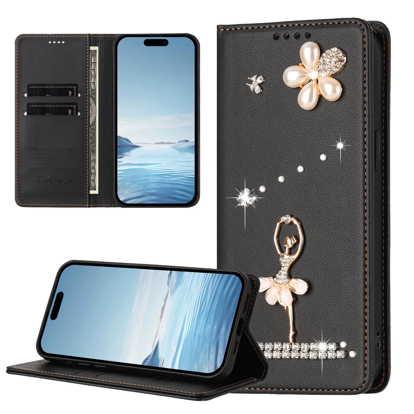 For iPhone 17e / 16e Leather Case RFID Blocking Wallet Stand Rhinestones Ballet Dancer Flip Phone Cover