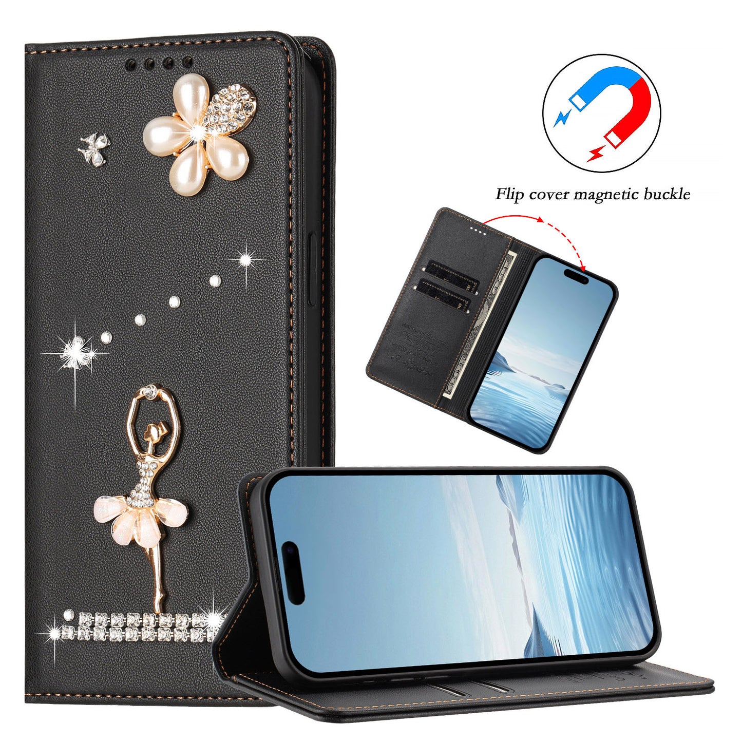 For iPhone 17e / 16e Leather Case RFID Blocking Wallet Stand Rhinestones Ballet Dancer Flip Phone Cover