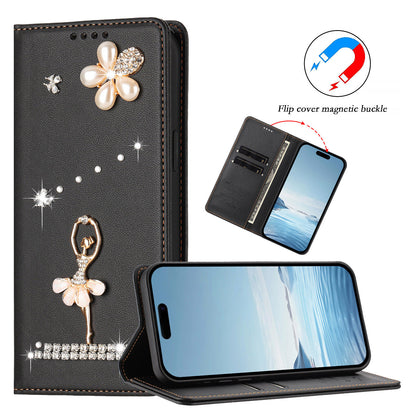 For iPhone 17e / 16e Leather Case RFID Blocking Wallet Stand Rhinestones Ballet Dancer Flip Phone Cover