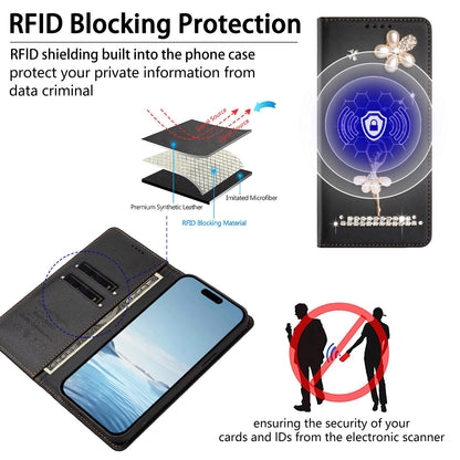 For iPhone 17e / 16e Leather Case RFID Blocking Wallet Stand Rhinestones Ballet Dancer Flip Phone Cover