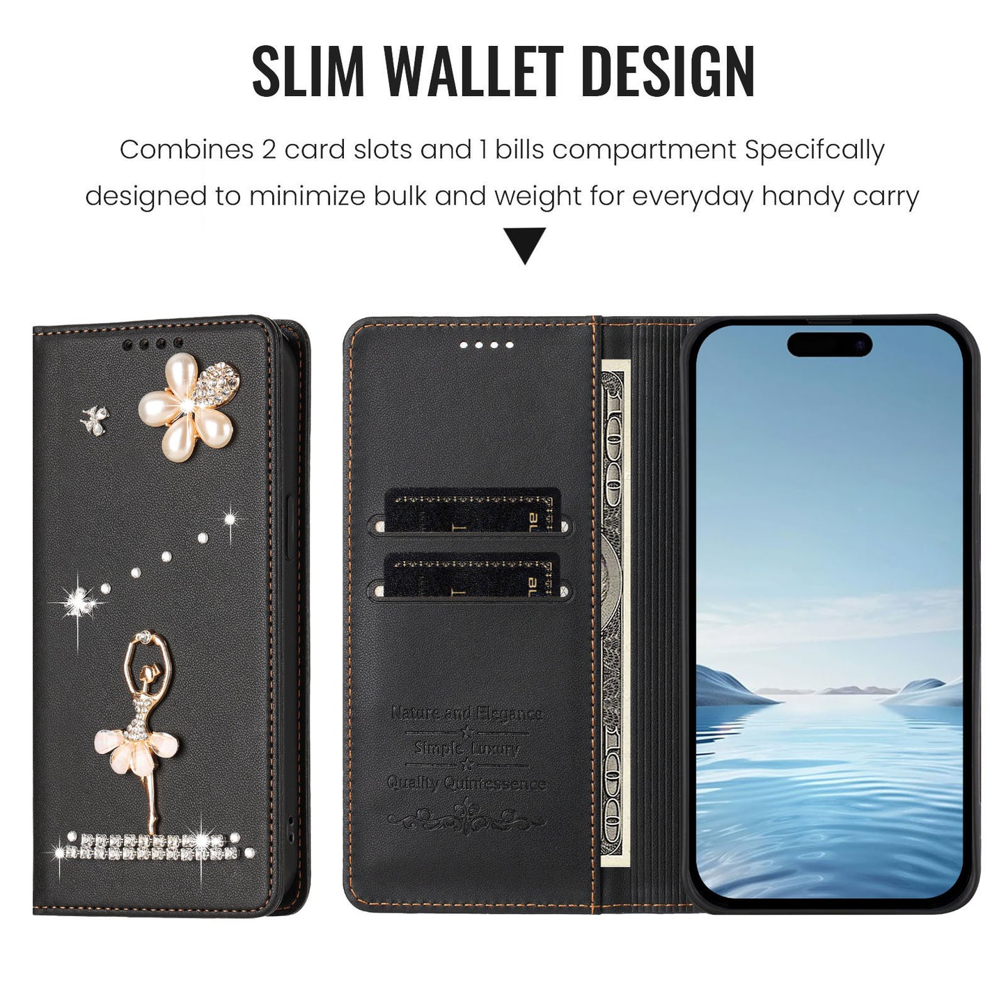 For iPhone 17e / 16e Leather Case RFID Blocking Wallet Stand Rhinestones Ballet Dancer Flip Phone Cover