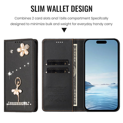 For iPhone 17e / 16e Leather Case RFID Blocking Wallet Stand Rhinestones Ballet Dancer Flip Phone Cover