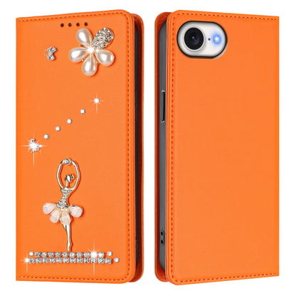 For iPhone 17e / 16e Leather Case RFID Blocking Wallet Stand Rhinestones Ballet Dancer Flip Phone Cover