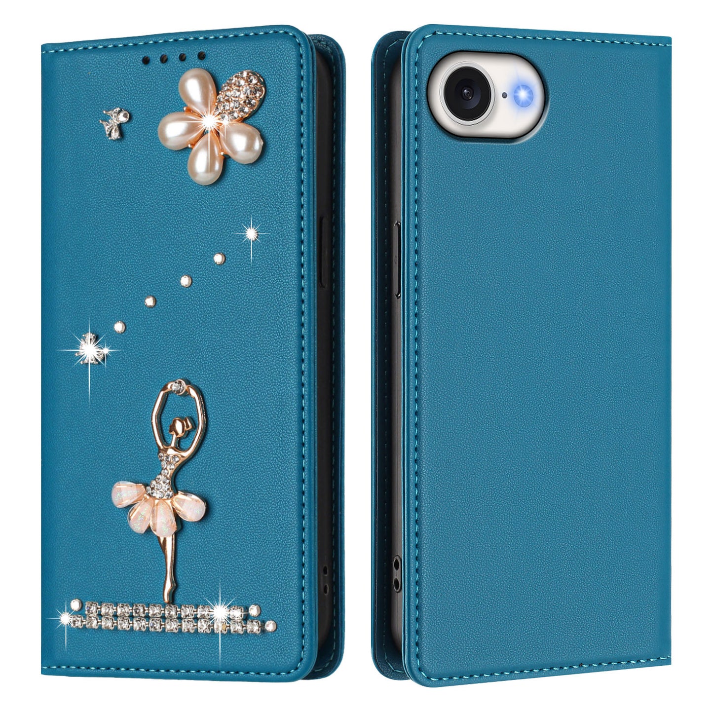 For iPhone 17e / 16e Leather Case RFID Blocking Wallet Stand Rhinestones Ballet Dancer Flip Phone Cover