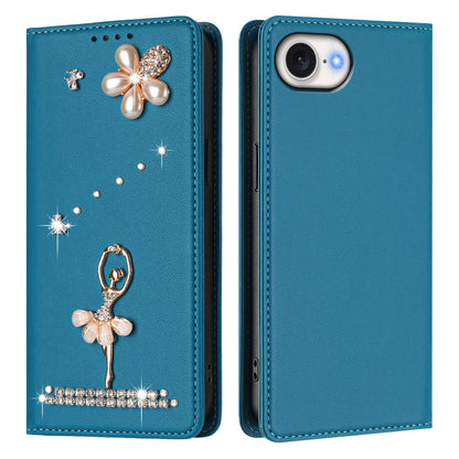 For iPhone 17e / 16e Leather Case RFID Blocking Wallet Stand Rhinestones Ballet Dancer Flip Phone Cover