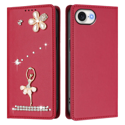 For iPhone 17e / 16e Leather Case RFID Blocking Wallet Stand Rhinestones Ballet Dancer Flip Phone Cover