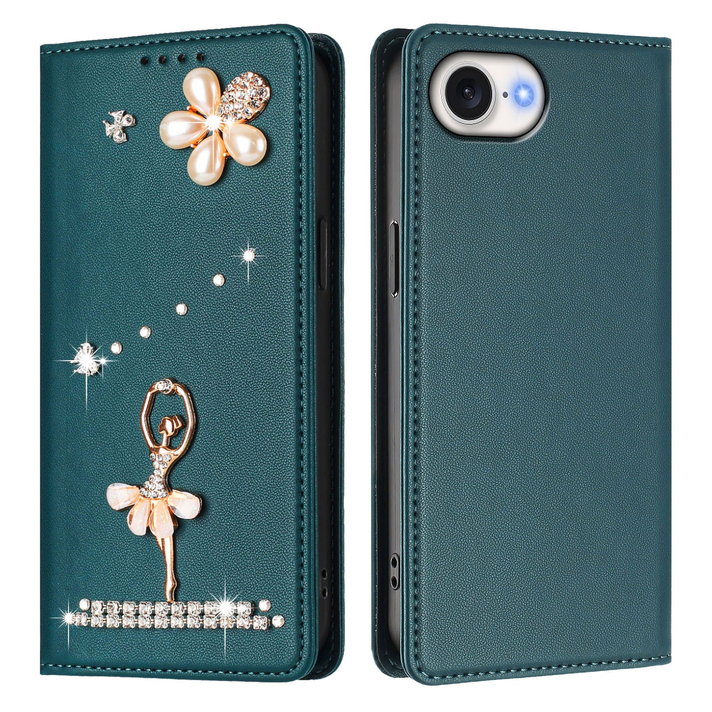 For iPhone 17e / 16e Leather Case RFID Blocking Wallet Stand Rhinestones Ballet Dancer Flip Phone Cover