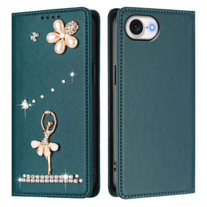 For iPhone 17e / 16e Leather Case RFID Blocking Wallet Stand Rhinestones Ballet Dancer Flip Phone Cover
