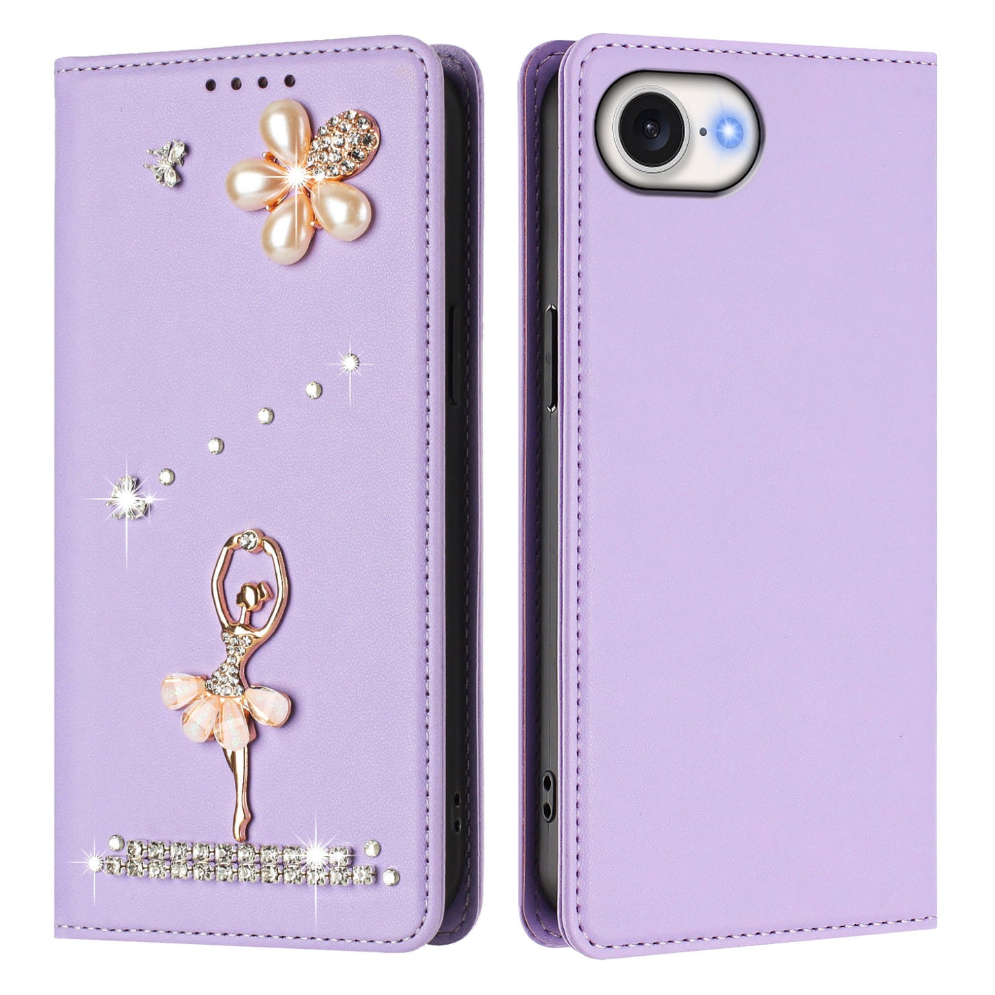 For iPhone 17e / 16e Leather Case RFID Blocking Wallet Stand Rhinestones Ballet Dancer Flip Phone Cover