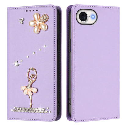 For iPhone 17e / 16e Leather Case RFID Blocking Wallet Stand Rhinestones Ballet Dancer Flip Phone Cover