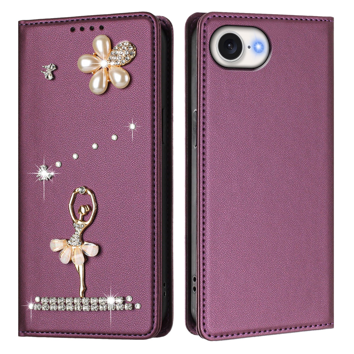 For iPhone 17e / 16e Leather Case RFID Blocking Wallet Stand Rhinestones Ballet Dancer Flip Phone Cover