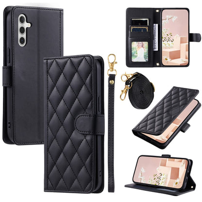 For Samsung Galaxy S26+ Case Wallet Rhombus Grid PU Leather Phone Cover with Shoulder Strap  /  Wrist Strap