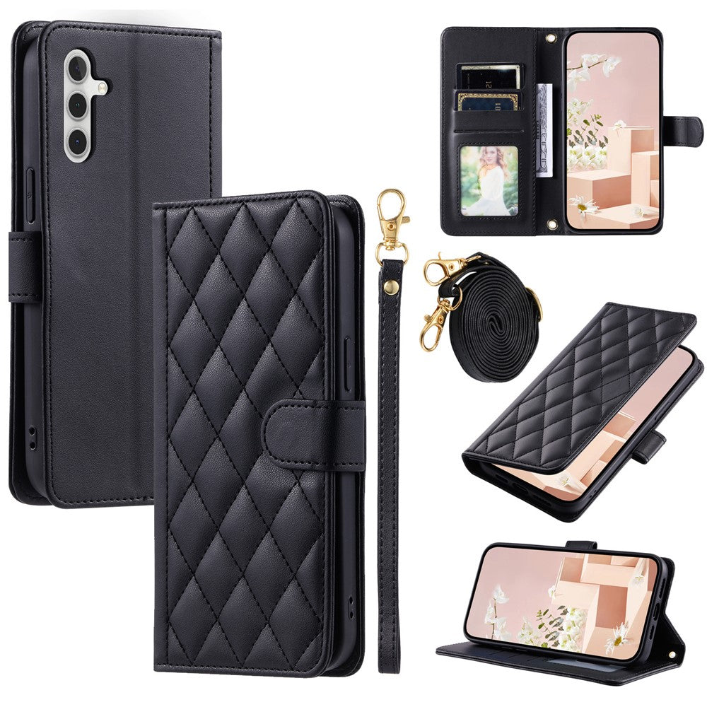 For Samsung Galaxy S26+ Case Wallet Rhombus Grid PU Leather Phone Cover with Shoulder Strap  /  Wrist Strap