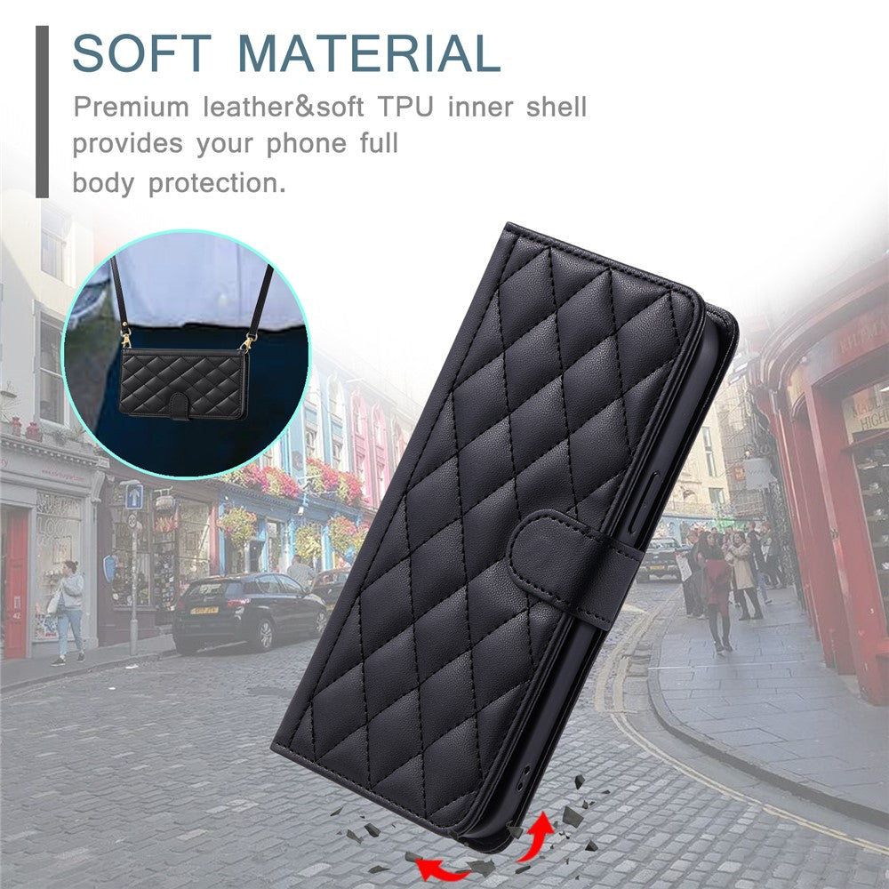 For Samsung Galaxy S26+ Case Wallet Rhombus Grid PU Leather Phone Cover with Shoulder Strap  /  Wrist Strap