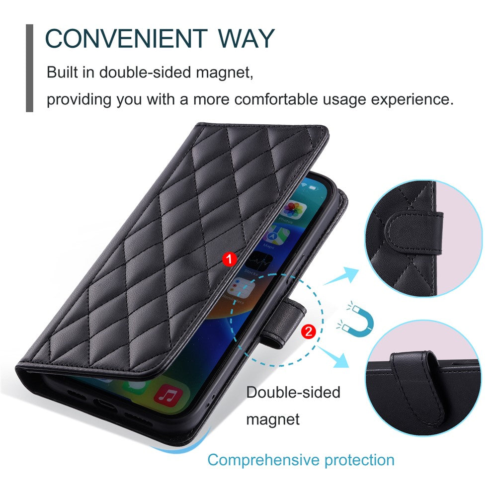 For Samsung Galaxy S26+ Case Wallet Rhombus Grid PU Leather Phone Cover with Shoulder Strap  /  Wrist Strap