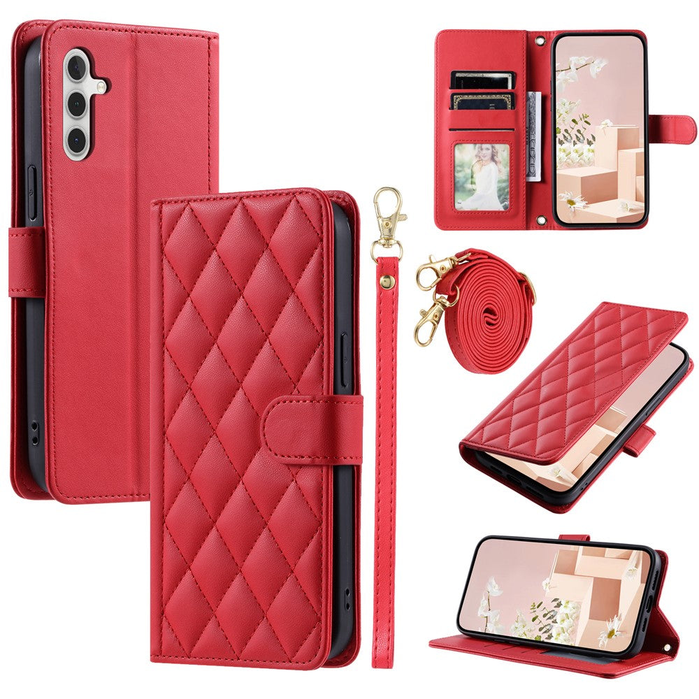 For Samsung Galaxy S26+ Case Wallet Rhombus Grid PU Leather Phone Cover with Shoulder Strap  /  Wrist Strap