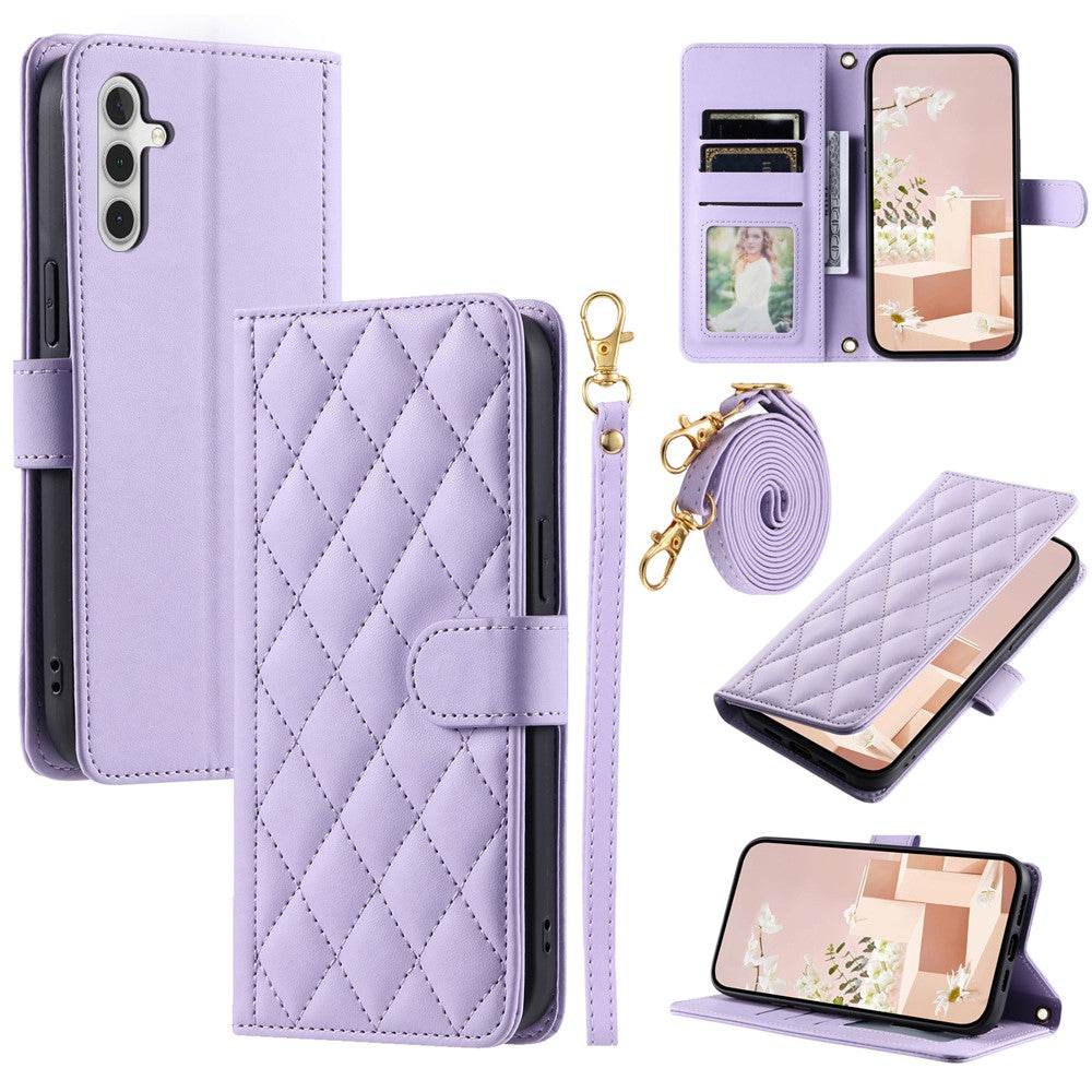 For Samsung Galaxy S26+ Case Wallet Rhombus Grid PU Leather Phone Cover with Shoulder Strap  /  Wrist Strap