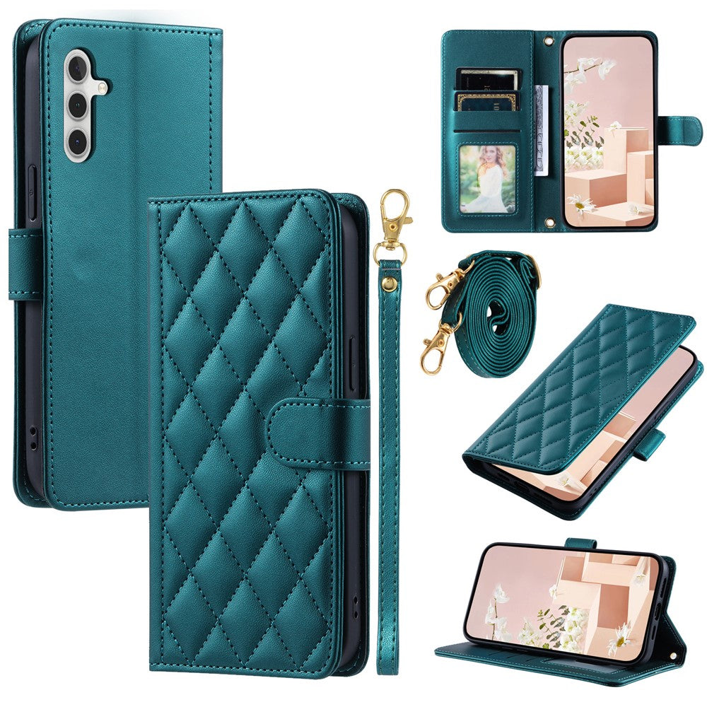 For Samsung Galaxy S26+ Case Wallet Rhombus Grid PU Leather Phone Cover with Shoulder Strap  /  Wrist Strap