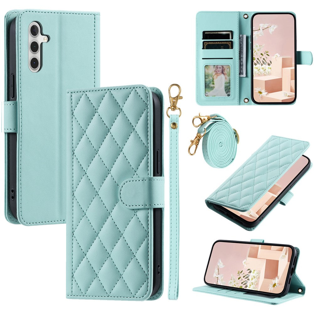 For Samsung Galaxy S26+ Case Wallet Rhombus Grid PU Leather Phone Cover with Shoulder Strap  /  Wrist Strap