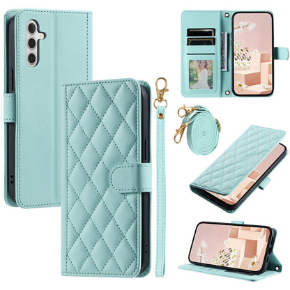 For Samsung Galaxy S26+ Case Wallet Rhombus Grid PU Leather Phone Cover with Shoulder Strap  /  Wrist Strap