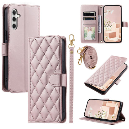 For Samsung Galaxy S26+ Case Wallet Rhombus Grid PU Leather Phone Cover with Shoulder Strap  /  Wrist Strap