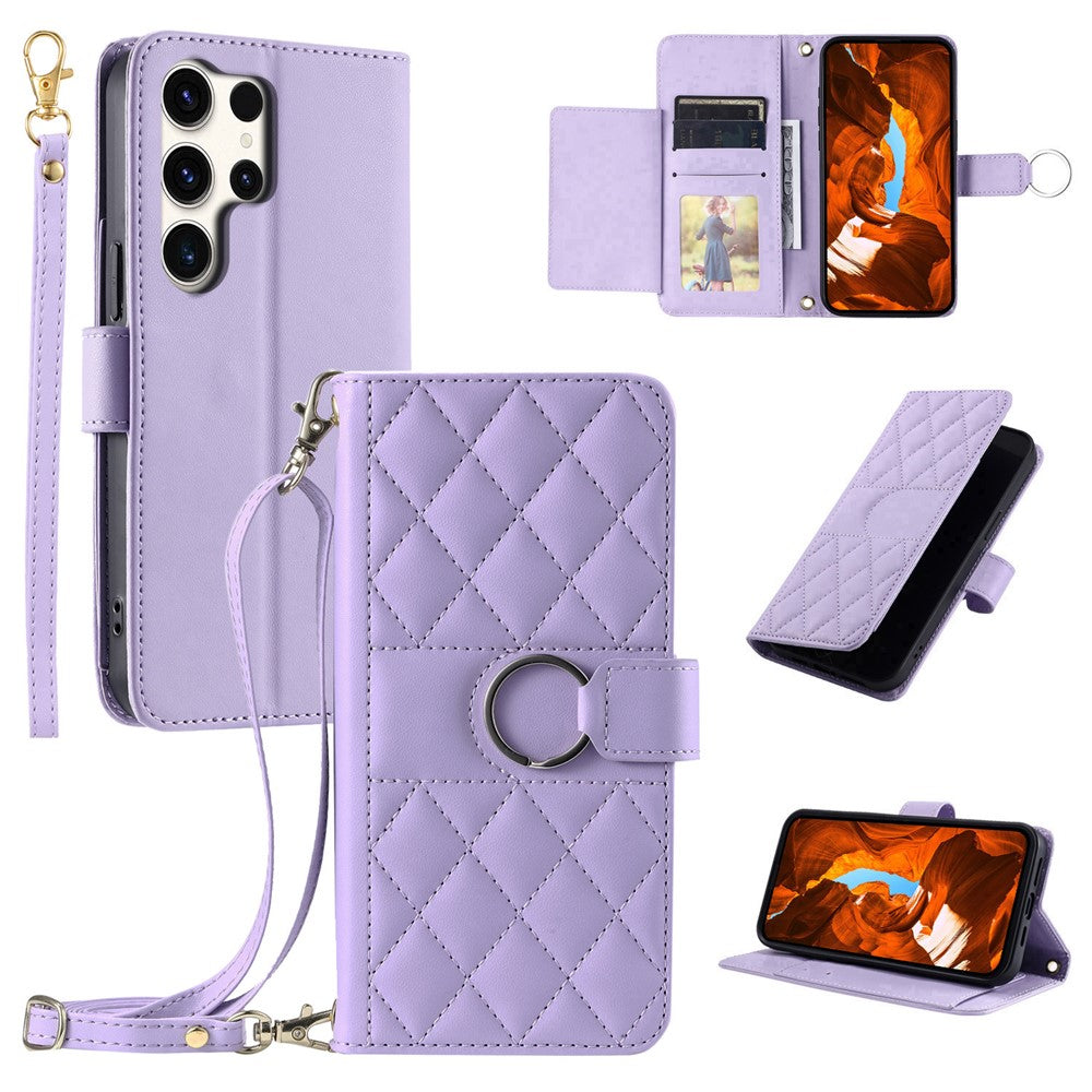 For Samsung Galaxy S26 Ultra Case Ring Buckle Wallet Stand Rhombus Crossbody Leather Mobile Cover