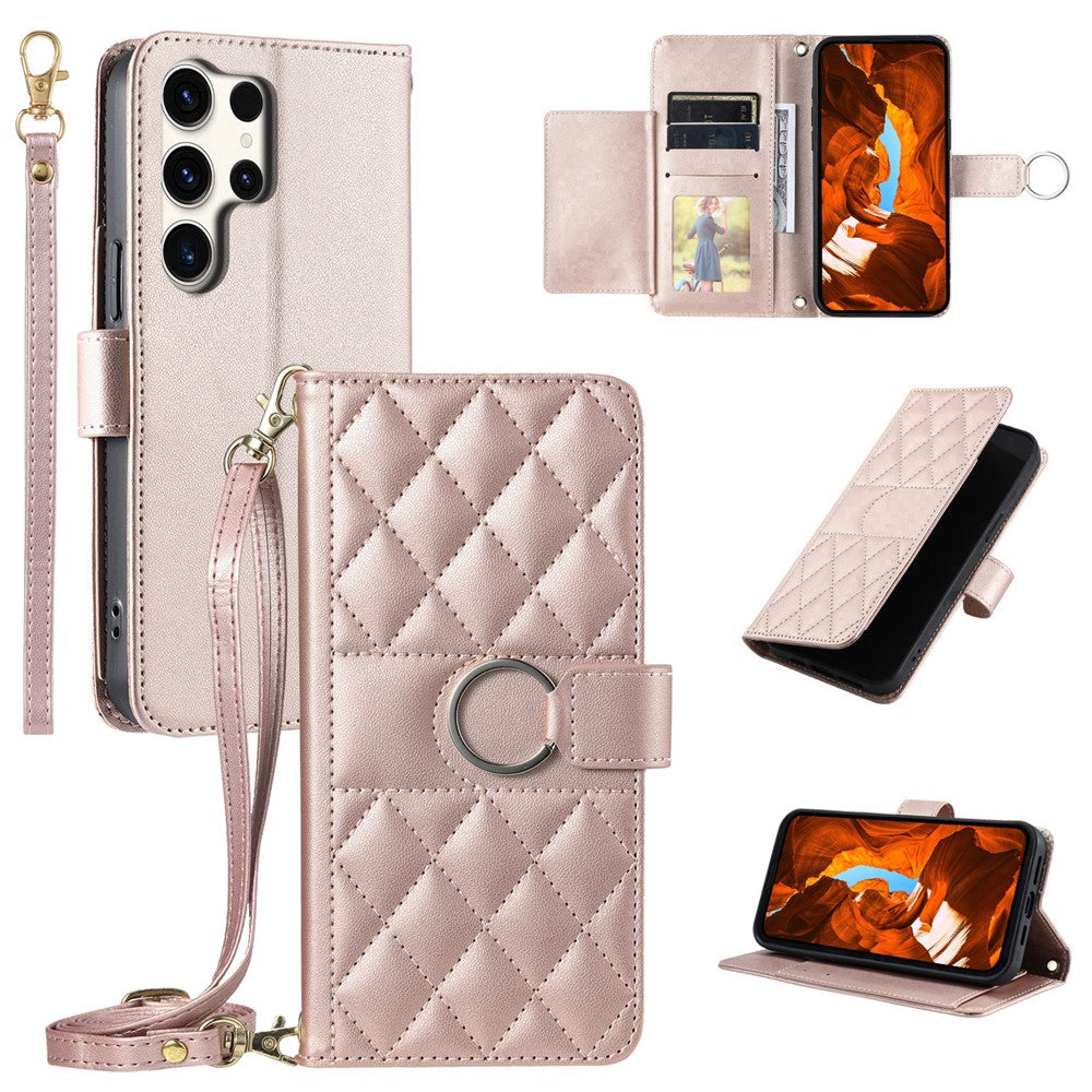 For Samsung Galaxy S26 Ultra Case Ring Buckle Wallet Stand Rhombus Crossbody Leather Mobile Cover