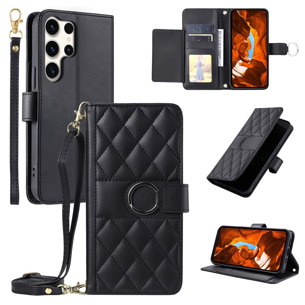 For Samsung Galaxy S26 Ultra Case Ring Buckle Wallet Stand Rhombus Crossbody Leather Mobile Cover