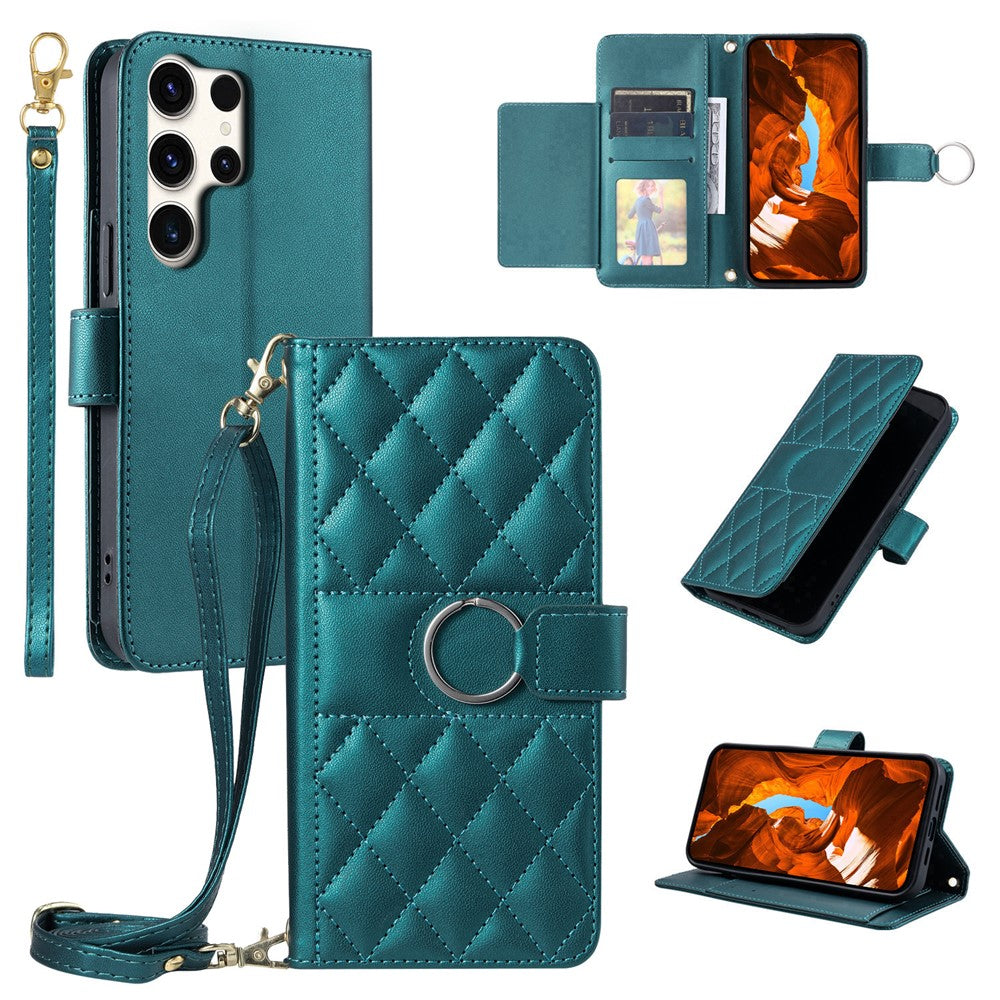 For Samsung Galaxy S26 Ultra Case Ring Buckle Wallet Stand Rhombus Crossbody Leather Mobile Cover