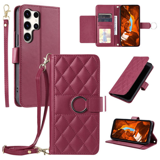 For Samsung Galaxy S26 Ultra Case Ring Buckle Wallet Stand Rhombus Crossbody Leather Mobile Cover