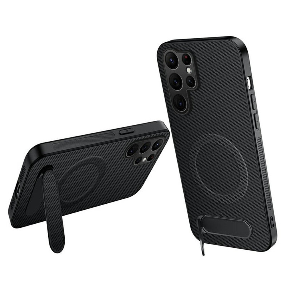 WANLONFENG QT Series For Samsung Galaxy S26 Ultra Magnetic Case Kickstand Carbon Fiber Texture PC TPU Phone Cover