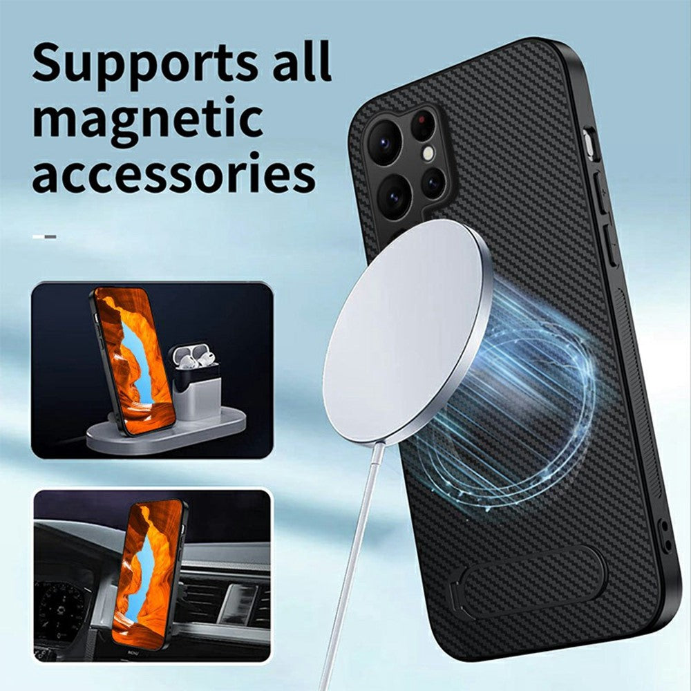 WANLONFENG QT Series For Samsung Galaxy S26 Ultra Magnetic Case Kickstand Carbon Fiber Texture PC TPU Phone Cover