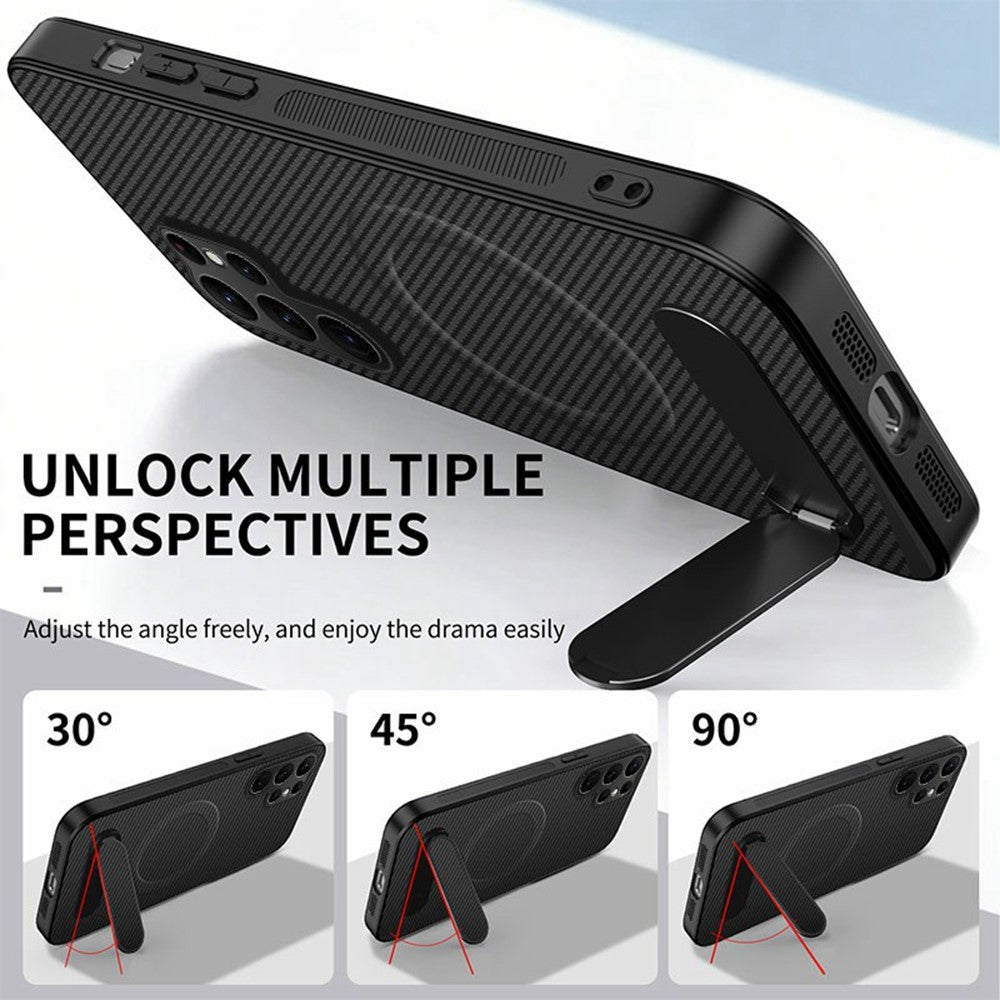 WANLONFENG QT Series For Samsung Galaxy S26 Ultra Magnetic Case Kickstand Carbon Fiber Texture PC TPU Phone Cover