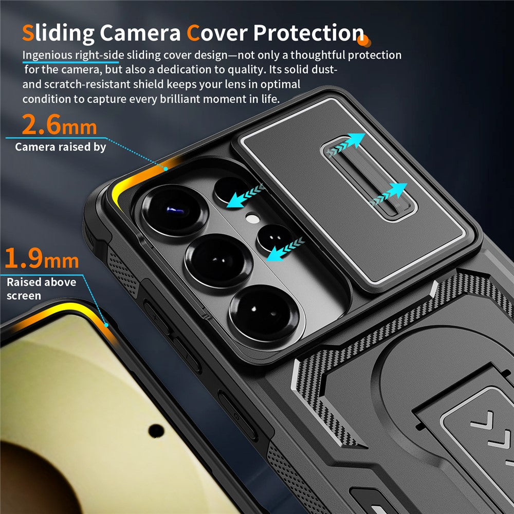 For Samsung Galaxy S26 Ultra Case Slide Lens Shield PC + TPU Kickstand Phone Cover